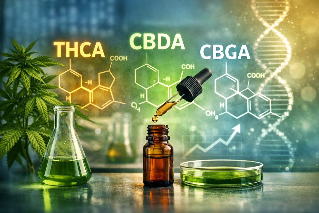 Ilustración científica de cannabinoides ácidos del cannabis como THCA, CBDA y CBGA en laboratorio.