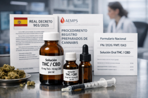Preparación de cannabis medicinal en España con solución oral THC y CBD junto a documentos regulatorios oficiales y entorno hospitalario