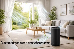 Purificador de aire en salón moderno con aire limpio y ventilación natural para evitar el olor a cannabis en casa