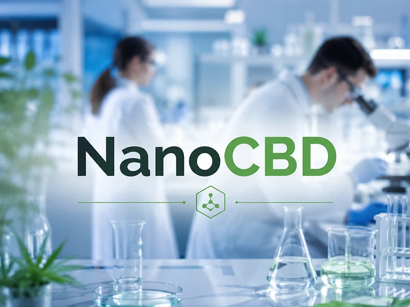 Laboratorio moderno con científicos trabajando y texto NanoCBD, simbolizando innovación y nanotecnología aplicada al CBD.