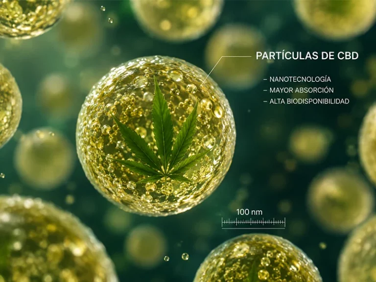 Ilustración científica de partículas de CBD a escala nanométrica con representación visual de nanotecnología aplicada al cannabidiol: NanoCBD