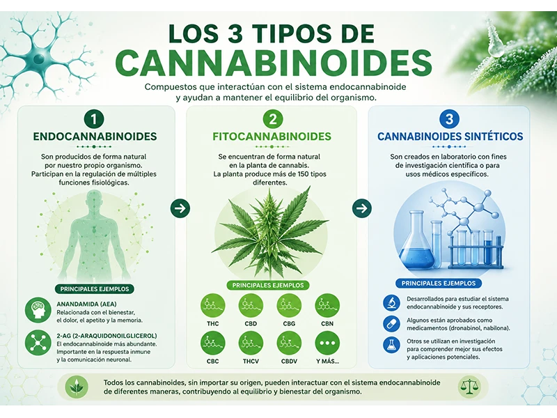 Infografía que explica los tres tipos de cannabinoides: endocannabinoides, fitocannabinoides y cannabinoides sintéticos.